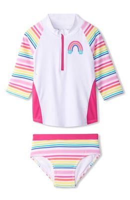 Hatley Kid's Dazzling Stripes Two-Piece Rashguard Swimsuit in White/Pink