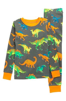Hatley Kids' Dino Print Fitted Two-Piece Cotton Pajamas in Blue/Grey/Orange Multi
