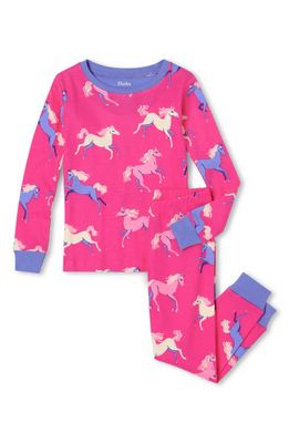 Hatley Kids' Dreamland Horses Fitted Two-Piece Organic Cotton Pajamas in Pink Yarrow