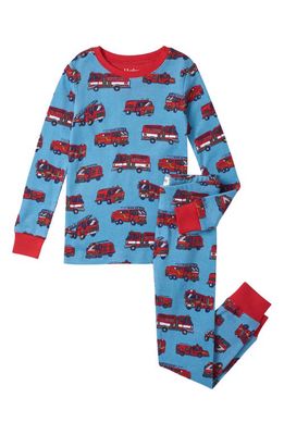Hatley Kids' Firetruck Fitted Two-Piece Cotton Pajamas in Delphinium Blue