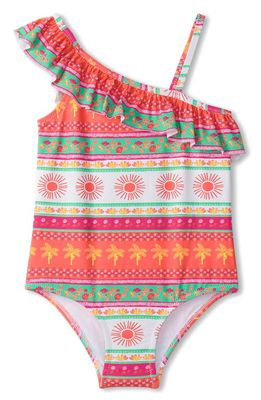 Hatley Ornate Tropical Ruffle Trim One-Piece Swimsuit in White
