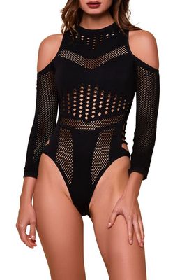 Hauty Cold Shoulder Long Sleeve Seamless Teddy in Black