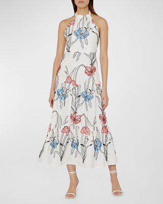 Hayden Floral-Embroidered Halter Midi Dress