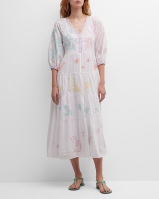 Hazel Tiered Floral-Embroidered Midi Dress