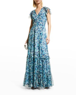Hearst Cap-Sleeve Floral Gown