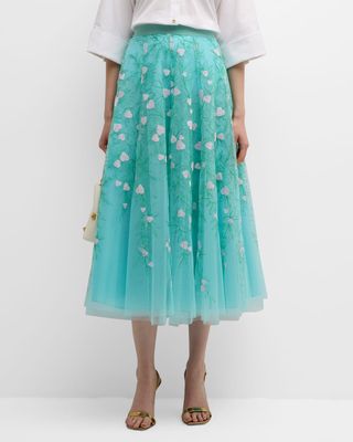 Heart Embroidered Tulle Midi Skirt