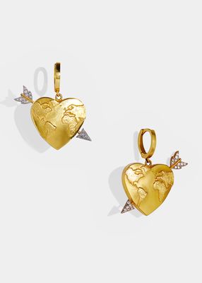 Heart Globe and Arrow Hoop Earrings with Diamonds