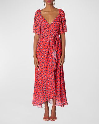 Heart-Print Flutter-Sleeve Wrap Midi Dress With Ruffle Hem