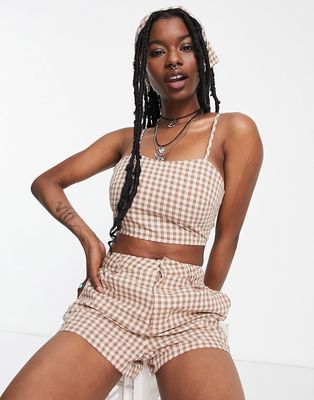 Heartbreak cami crop top with bandana in brown gingham - part of a set