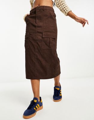 Heartbreak cord cargo midi skirt in brown-Gray