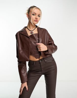 Heartbreak faux leather cropped blazer in chocolate brown - part of a set