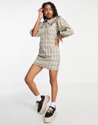 Heartbreak frill collar mini dress in sage check-Multi