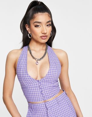 Heartbreak halter neck cropped vest in purple check - part of a set