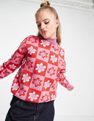 Heartbreak high neck sweater in red floral grid print