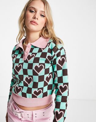 Heartbreak knitted polo top in heart print-Multi