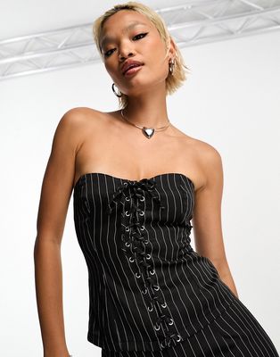 Heartbreak pinstripe lace up bandeau corset top in black and white - part of a set