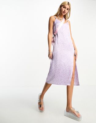 Heartbreak satin cami midi dress with side slit in lilac ditsy floral print-Purple