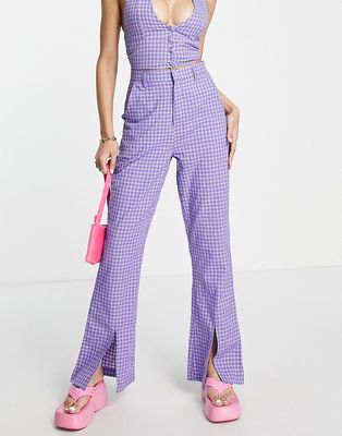 Heartbreak split front flared pants in purple check - part of a set