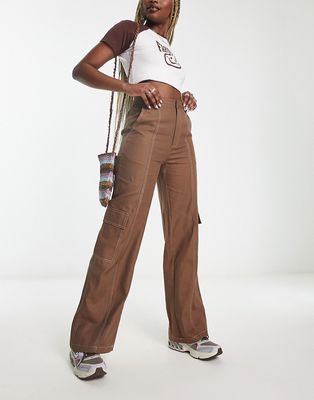 Heartbreak wide leg cargo pants with contrast stitch in chocolate brown