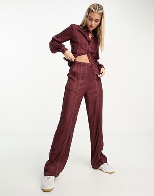 Heartbreak wide leg pants with contrast seams in chocolate brown - part of a set