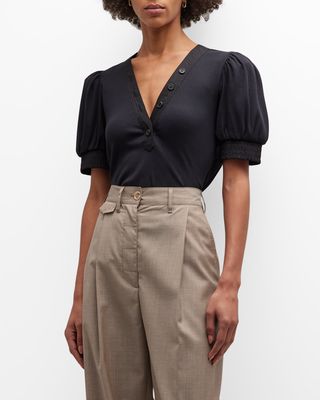 Heather V-Neck Puff-Sleeve Top