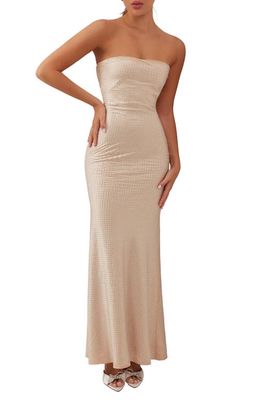 HEIRESS BEVERLY HILLS Embellished Strapless Satin Column Gown in Nude