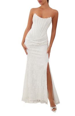 HEIRESS BEVERLY HILLS Lace Strapless Corset Trumpet Gown in White