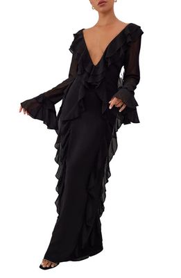 HEIRESS BEVERLY HILLS Ruffle Plunge Long Sleeve Mesh & Chiffon Maxi Dress in Black