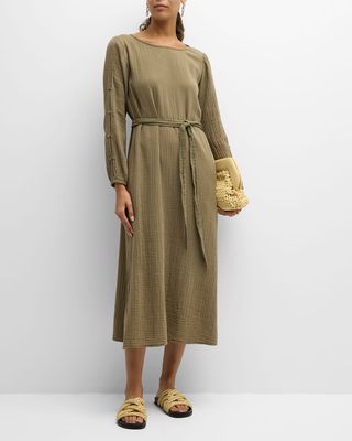 Helena Belted Side-Slit Cotton Gauze Midi Dress