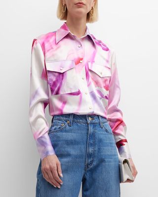 Helene Watercolor-Print Silk Collared Shirt