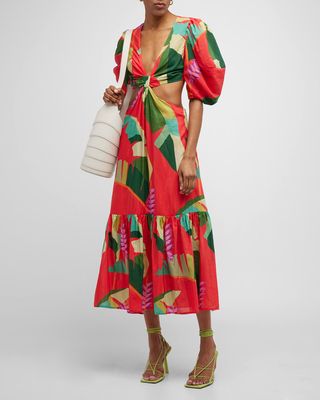 Heliconia Red Cutout Puff-Sleeve Midi Dress