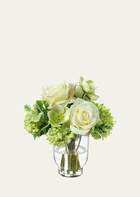 Hellebores, Roses, and Snowball 10" Faux Floral Arrangement in Glass Vase
