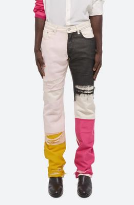 Helmut Lang Colorblock Distressed Silk Chiffon Panel Straight Leg Jeans in Cream Multi