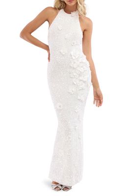 HELSI Brice Sequin & Floral Appliqué Stretch Velvet Column Gown in White