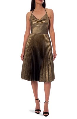HELSI Coleen Metallic Satin Pleated Fit & Flare Dress in Gold