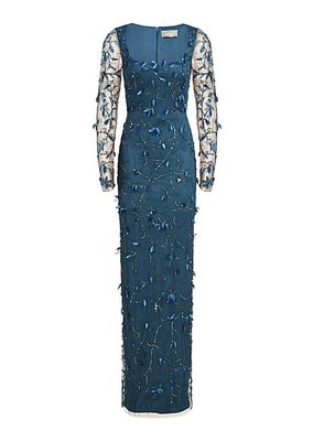 Hera Long-Sleeve Petal Appliqué Gown