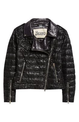 Herno Sequin Embellished Quilted Down Moto Jacket in 9300 Black