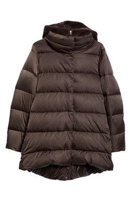 Herno Water Resistant High-Low Sateen Down Puffer Jacket with Faux Fur Bib in Chocolate