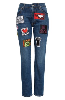 HFD x Keith Haring Unisex Patch Embellished Slim Jeans in Denim Medium Blue
