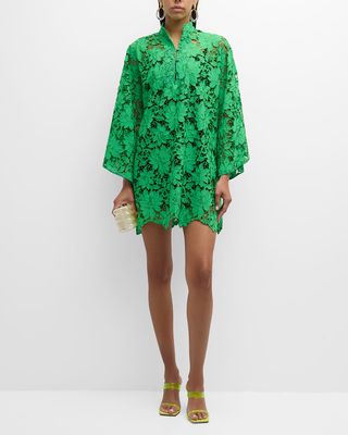 High-Collar Embroidered Floral Lace Mini Caftan