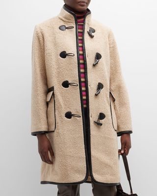 High-Collar Leather-Trim Coat