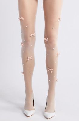 HIGH HEEL JUNGLE Nevermore Peek Bow Imitation Pearl Sheer Tights in White 