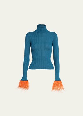 High Kick Ribbed Cashmere Turtleneck with Feathered Cuffs
