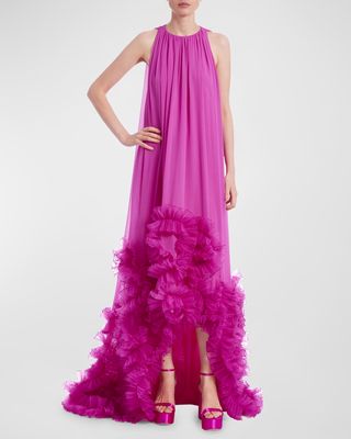 High-Low Ruffle-Trim Trapeze Gown