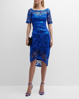 High-Low Sequin Lace Illusion Midi Dress