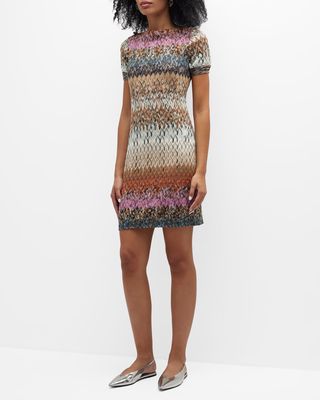 High-Neck Chevron-Knit Mini Sweater Dress