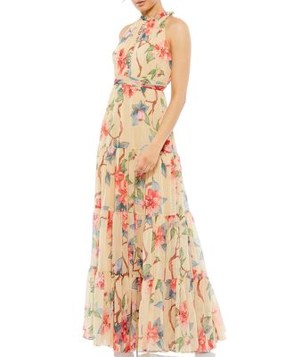 High-Neck Floral Chiffon Gown
