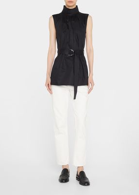 High-Neck Pleated D-Ring Poplin Top