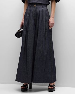 High-Rise Double-Pleated Flare Wide-Leg Pants