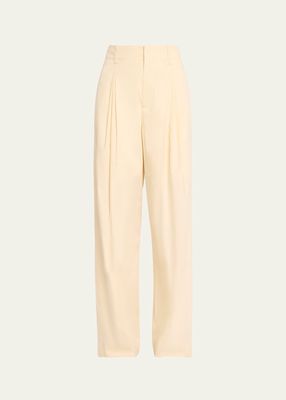 High-Rise Double Pleated Wide-Leg Technical Cotton-Silk Trousers